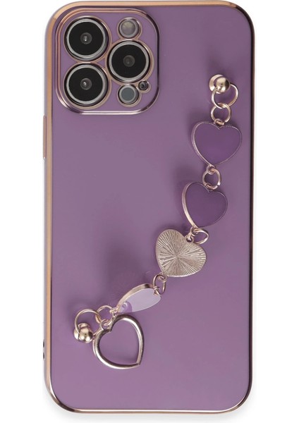Apple iPhone 14 Pro Elegant Charm Case (Kalpli Zincirli Kılıf) Elegant Silicone Cover - Mor