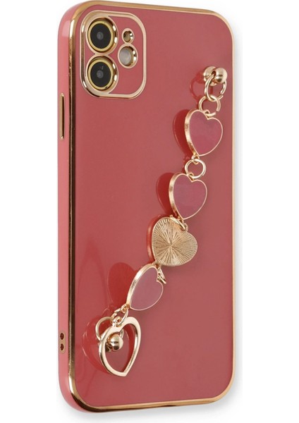 Apple iPhone 12 Elegant Charm Case (Kalpli Zincirli Kılıf) Elegant Silicone Cover - Kırmızı
