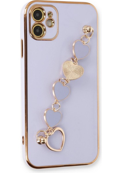 Apple iPhone 12 Elegant Charm Case (Kalpli Zincirli Kılıf) Elegant Silicone Cover - Lila