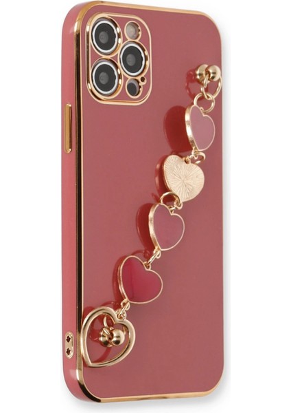 Apple iPhone 12 Pro Max Elegant Charm Case (Kalpli Zincirli Kılıf) Elegant Silicone Cover - Kırmızı