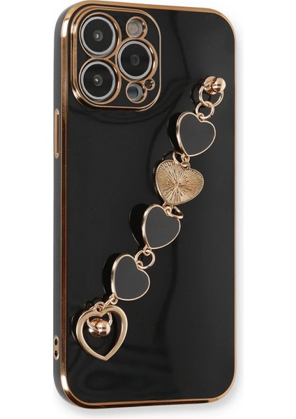 Apple iPhone 13 Pro Max Elegant Charm Case (Kalpli Zincirli Kılıf) Elegant Silicone Cover - Siyah