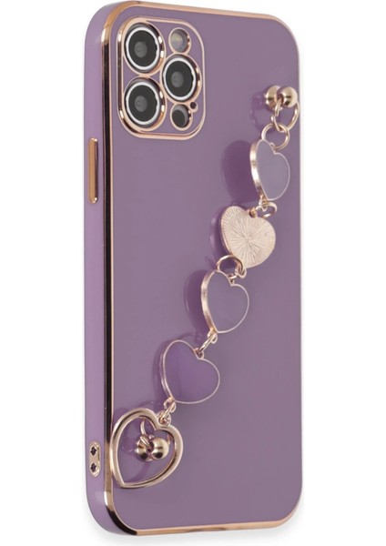 Apple iPhone 12 Pro Elegant Charm Case (Kalpli Zincirli Kılıf) Elegant Silicone Cover - Mor modelleri