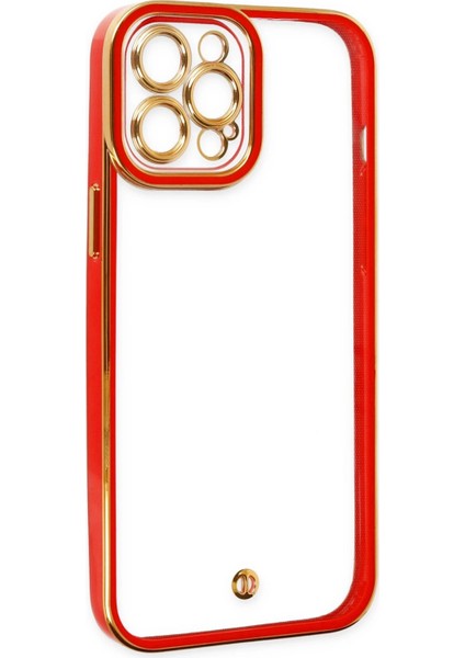 Apple iPhone 12 Pro Elegant Liva Lens Kapak – (Şeffaf Gövde, Altın Çerçeveli Kamera Koruma) - Kırmızı fırsatları