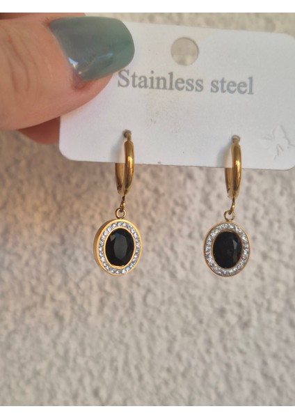 Zirkon Taşlı Siyah Çelik Küpe Oval Model Gold