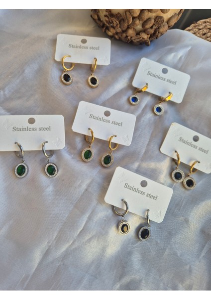 Zirkon Taşlı Siyah Çelik Küpe Oval Model Gold modelleri