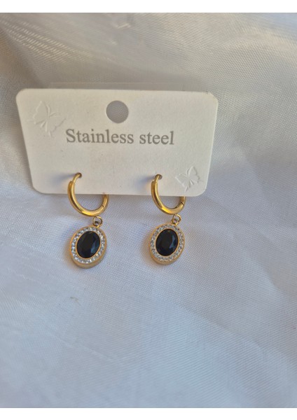 Zirkon Taşlı Siyah Çelik Küpe Oval Model Gold indirimleri