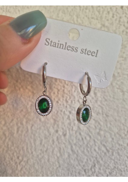 Zümrüt Zirkon Oval Taşlı Gümüş Renk Çelik Küpe fiyatları