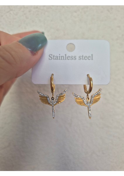 Anka Kuşu Çelik Küpe Zirkon Taşlı Gold Küpe modelleri