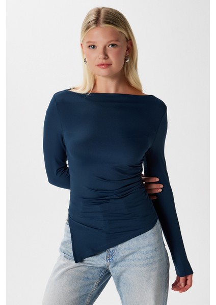 Kadın Most Poliamid Asimetrik Lacivert Uzun Kol Bluz