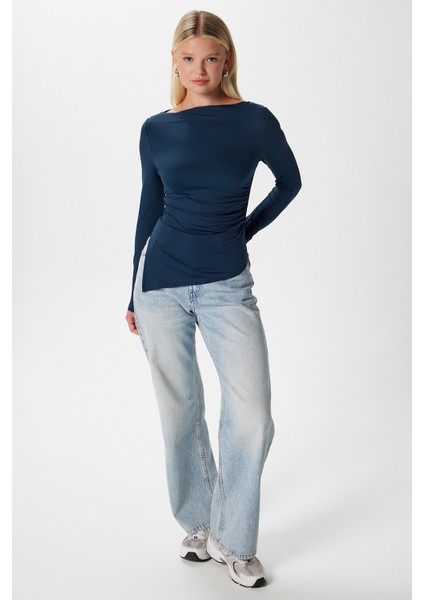Kadın Most Poliamid Asimetrik Lacivert Uzun Kol Bluz fırsatları
