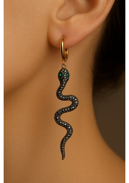 Yılanlı Çelik Küpe Gold Antrasit Taşlı