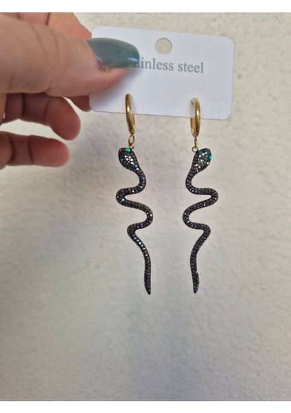 Yılanlı Çelik Küpe Gold Antrasit Taşlı modelleri