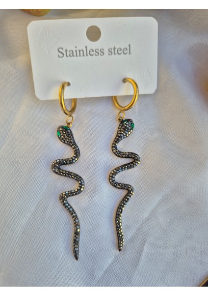 Yılanlı Çelik Küpe Gold Antrasit Taşlı fırsatları