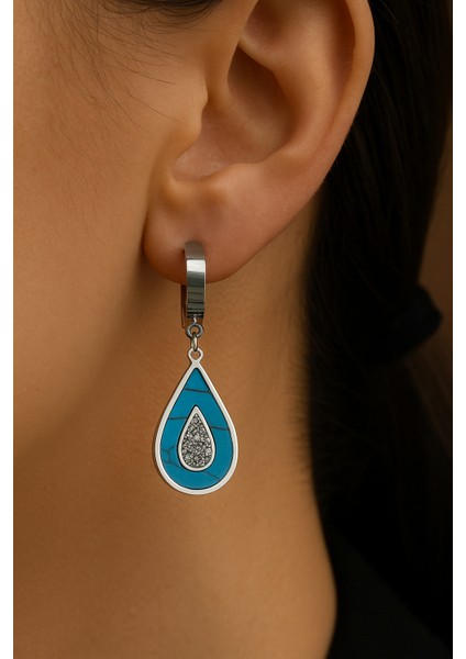 Damla Çelik Küpe Zirkon Taşlı Mavi Doğal Taş Gümüş Renk