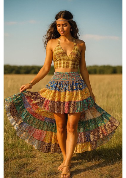 Ipek Patchwork Boho Fırfırlı Asimetrik Etek