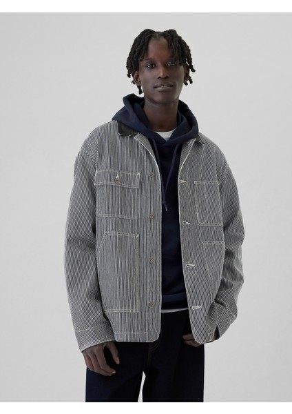 Erkek Siyah Demir Yolu Çizgili Denim İş Ceket