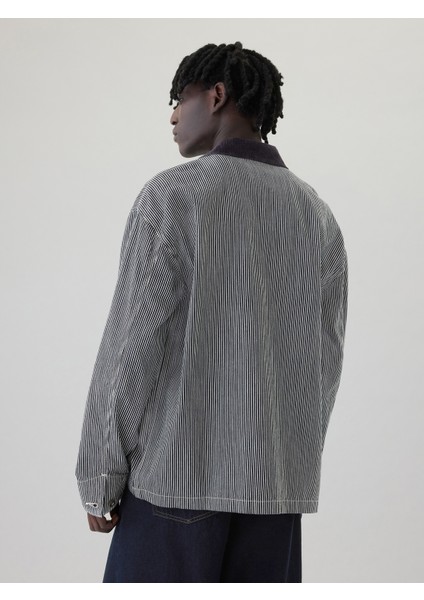 Erkek Siyah Demir Yolu Çizgili Denim İş Ceket