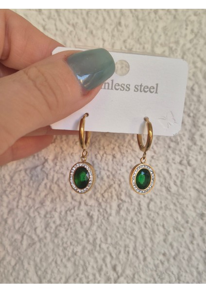 Zümrüt Yeşili Zirkon Oval Taşlı Gold Çelik Küpe