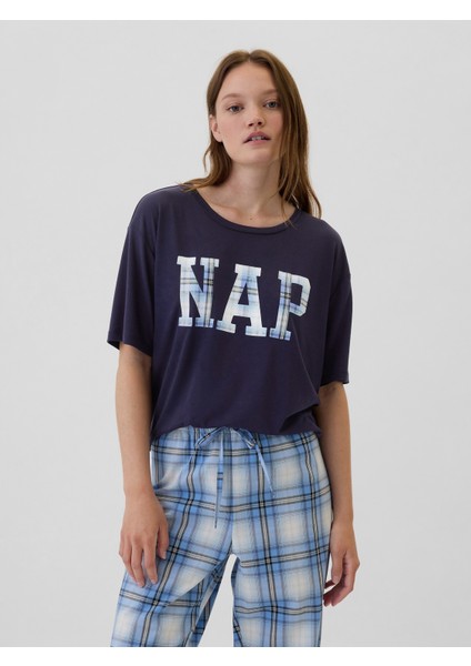 Kadın Lacivert Relaxed Grafikli Pijama Üstü indirimleri