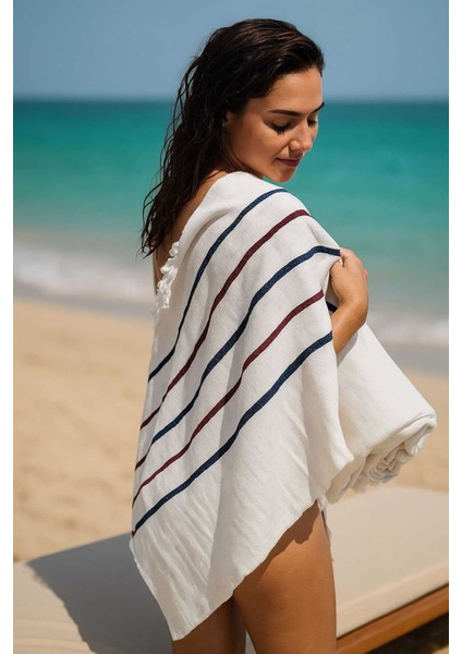 Peştemal Plaj Havlusu &#37;100 Pamuklu 70X150 cm Beyaz Waves