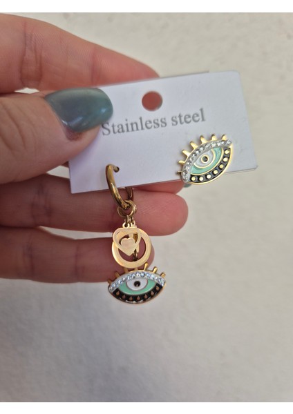 Tarz Model Çelik Küpe Gotik Kalp Nazar Göz Detaylı Gold fırsatları