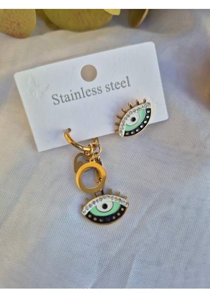 Tarz Model Çelik Küpe Gotik Kalp Nazar Göz Detaylı Gold