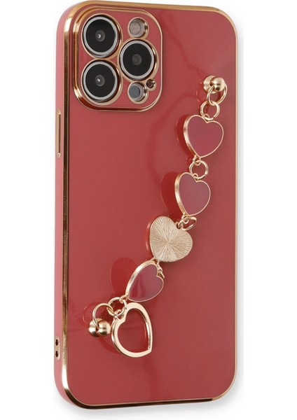 Apple iPhone 14 Pro Elegant Charm Case (Kalpli Zincirli Kılıf) Elegant Silicone Cover - Kırmızı