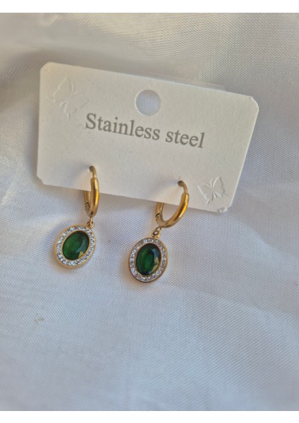 Zümrüt Yeşili Zirkon Oval Taşlı Gold Çelik Küpe modelleri