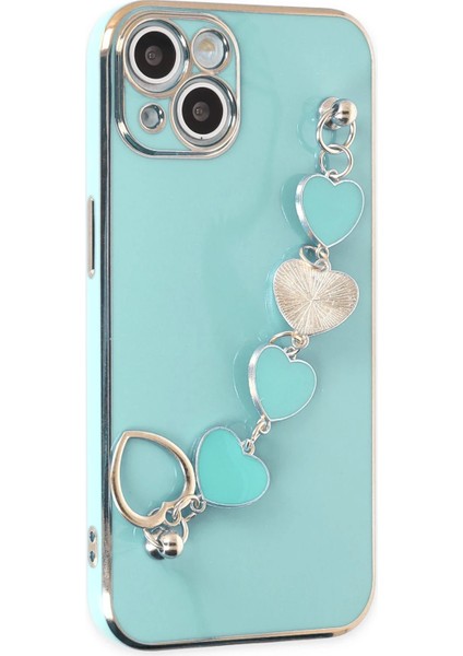Apple iPhone 14 Plus Elegant Charm Case (Kalpli Zincirli Kılıf) Elegant Silicone Cover - Su Yeşili