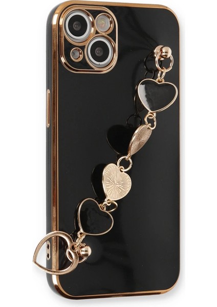 Apple iPhone 14 Elegant Charm Case (Kalpli Zincirli Kılıf) Elegant Silicone Cover - Siyah