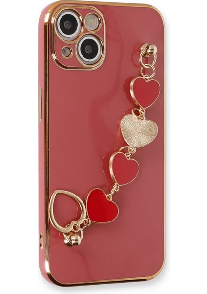 Apple iPhone 14 Elegant Charm Case (Kalpli Zincirli Kılıf) Elegant Silicone Cover - Kırmızı