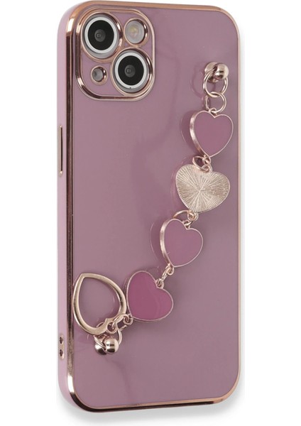 Apple iPhone 14 Plus Elegant Charm Case (Kalpli Zincirli Kılıf) Elegant Silicone Cover - Mor