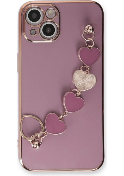Apple iPhone 14 Plus Elegant Charm Case (Kalpli Zincirli Kılıf) Elegant Silicone Cover - Mor modelleri