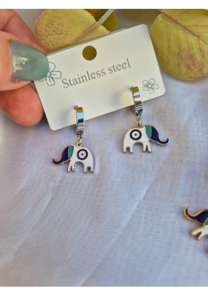 Filli Çelik Küpe gümüş renk Nazar Boncuklu Şans Getiren Küpe