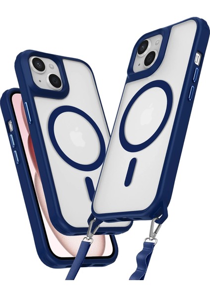 Apple iPhone 15 Plus Premium Enka Magsafe Kılıf – Şeffaf Crystal Clear Tasarım, Askı Aparatlı Dayanıklı Kapak - Lacivert