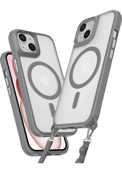 Apple iPhone 15 Plus Premium Enka Magsafe Kılıf – Şeffaf Crystal Clear Tasarım, Askı Aparatlı Dayanıklı Kapak - Titan Gri