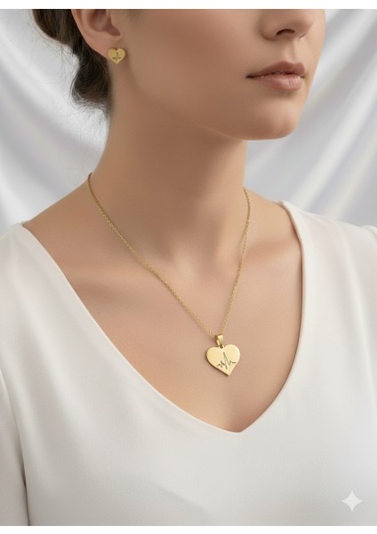Kalpli Çelik Set Kolye Küpe Seti 316L Çeliktir Gold Renk