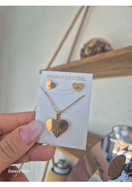 Kalpli Çelik Set Kolye Küpe Seti 316L Çeliktir Gold Renk