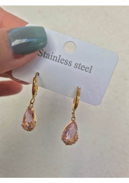 Damla Küpe Çelik Gold Taşlı Küpe Altın Montürlü