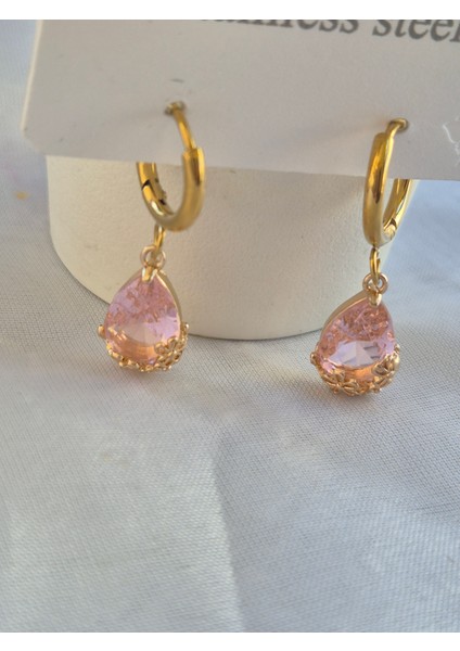 Damla Küpe Çelik Gold Taşlı Küpe Altın Montürlü fiyatları