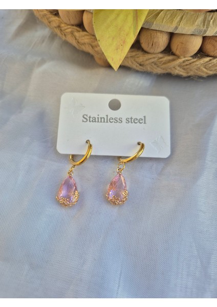 Damla Küpe Çelik Gold Taşlı Küpe Altın Montürlü fırsatları