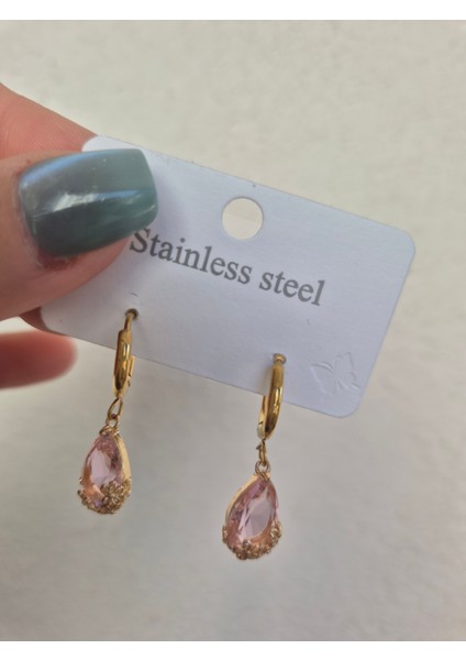 Damla Küpe Çelik Gold Taşlı Küpe Altın Montürlü indirimleri