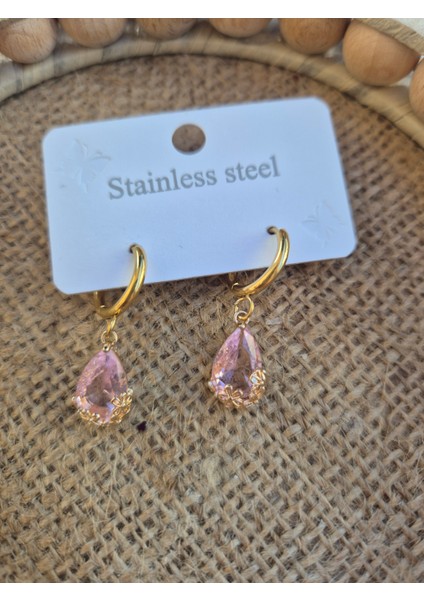 Damla Küpe Çelik Gold Taşlı Küpe Altın Montürlü