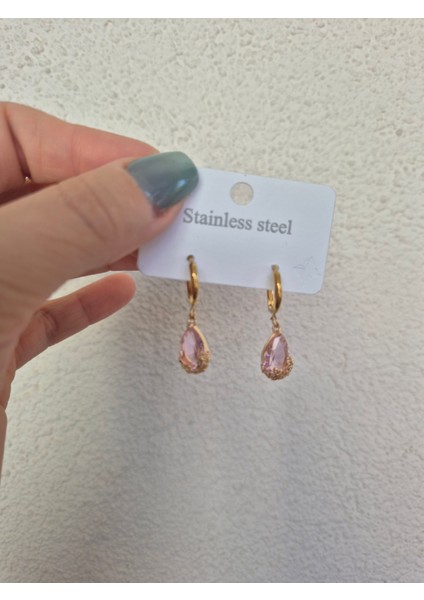 Damla Küpe Çelik Gold Taşlı Küpe Altın Montürlü