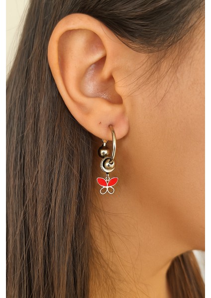 Kırmızı Kelebek Taşlı Küpe Halka Küpe Çeliktir