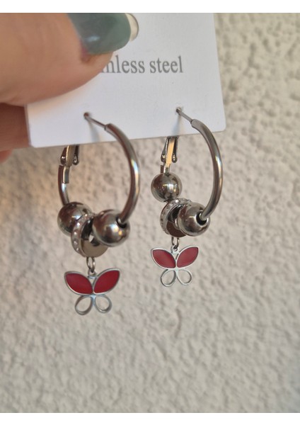 Kırmızı Kelebek Taşlı Küpe Halka Küpe Çeliktir fiyatları