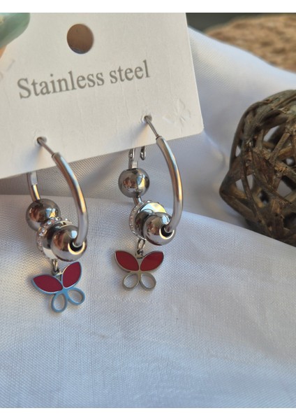 Kırmızı Kelebek Taşlı Küpe Halka Küpe Çeliktir modelleri