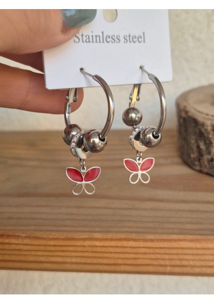 Kırmızı Kelebek Taşlı Küpe Halka Küpe Çeliktir fırsatları