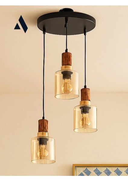 Sienna 3’lü Sarkıt Avize – Modern Endüstriyel Tarz, Ahşap ve Gold Detaylı, Cam Başlıklı, Ayarlanabilir