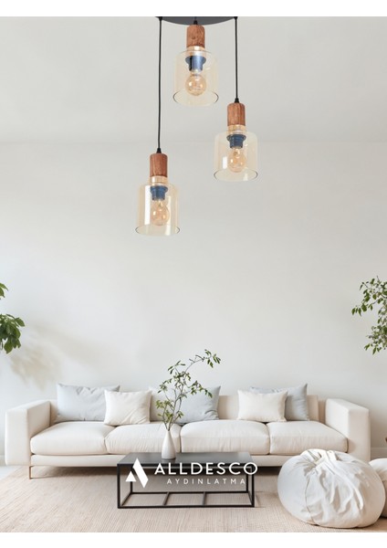 Sienna 3’lü Sarkıt Avize – Modern Endüstriyel Tarz, Ahşap ve Gold Detaylı, Cam Başlıklı, Ayarlanabilir fiyatları